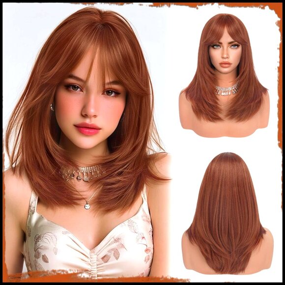 Long Straight Layered Wig with Bangs Heat Resistant Synthetic Hair for Women